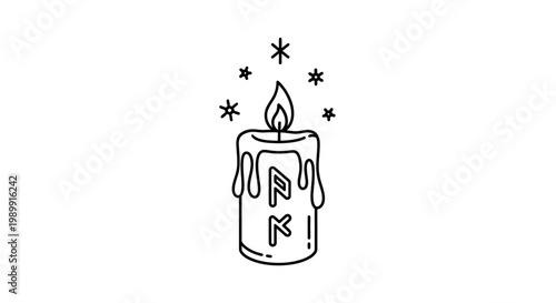 A black and white illustration of a candle with stars.