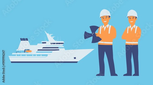A stylized illustration features a ship, two workers, and a large fan against a blue backdrop