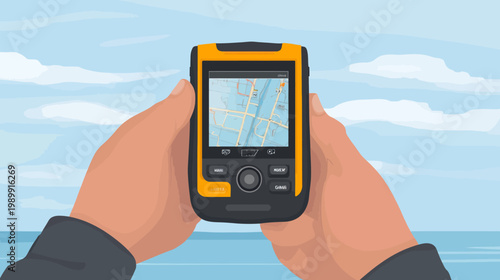 A person uses a handheld device to view a map, held with both hands against a sky and water background