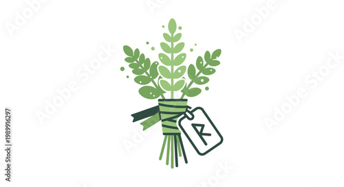 Herbs tied with green string and tag.