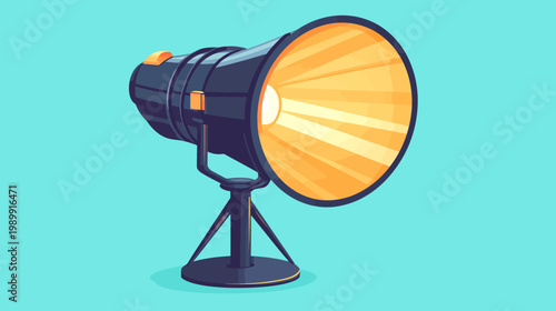 A digital illustration showcasing a spotlight with a bright orange beam, standing on a tripod