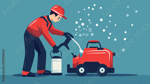 A cartoon-style illustration showing a worker operating a pressure washer on a red machine
