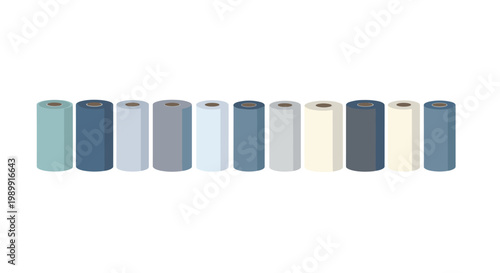 Eleven uniform cylindrical rolls are arranged in a single straight horizontal line featuring a sophisticated color palette of muted blues, greys, and cream tones.
