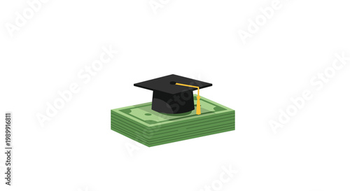 A classic black graduation mortarboard with a golden yellow tassel sits prominently atop a thick stack of green paper currency on a white background.