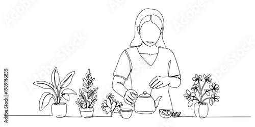 Line drawing of a person potting houseplants at a table.
