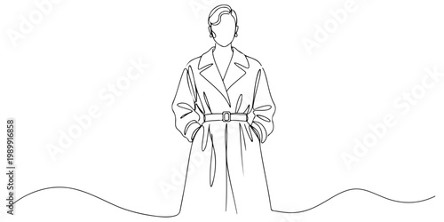 Minimal continuous line drawing of a person wearing a trench coat.