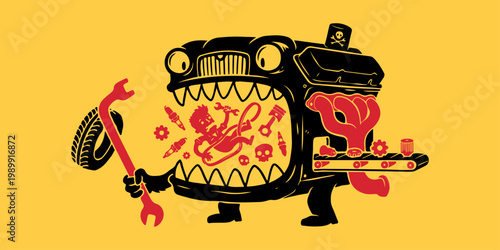 Funny Cartoon Car Engine Monster Eating Mechanic and Auto Parts Illustration