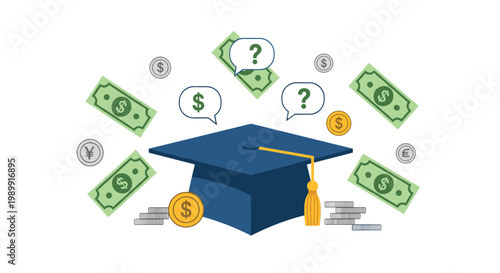 A dark blue academic cap is surrounded by an array of floating green banknotes, silver coins, and speech bubbles featuring currency symbols and questions.