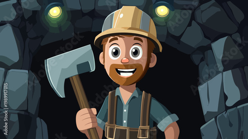 A smiling cartoon miner stands in a mine entrance, holding an axe, with glowing lights