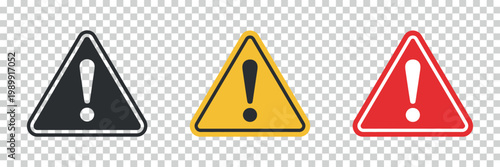 Three diverse warning signs with exclamation marks against a transparent backdrop