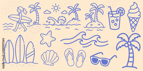 Set of hand-drawn doodle summer vacation beach theme elements vector illustration, tropical coastal elements for any design purposes social media, t-shirts, posters, and placards prints. Each isolated