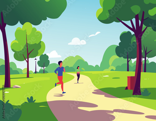  Personas corriendo y entrenando en un parque verde con senderos.
