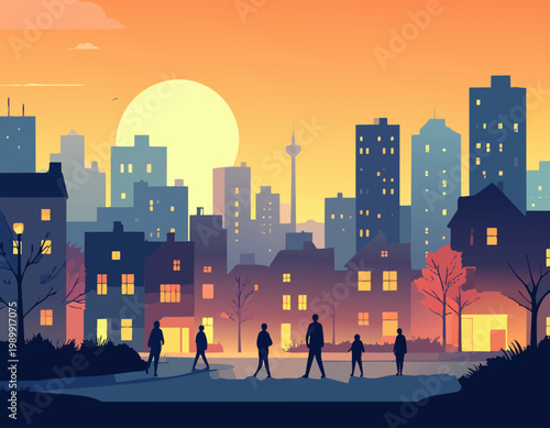 Personas caminando en ciudad al atardecer con skyline en estilo plano, ilustración vectorial.
