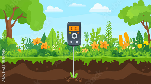 A vibrant cartoon scene depicting a garden with a soil moisture meter in use