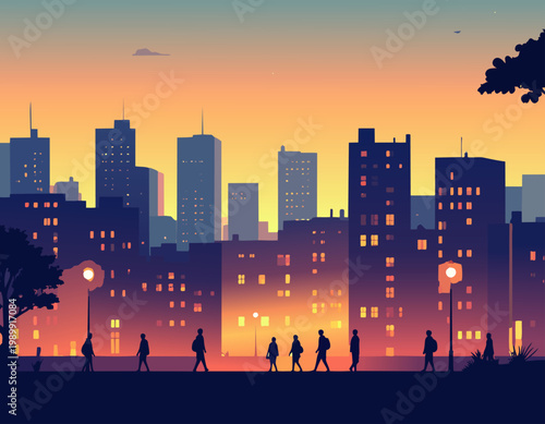  Escena urbana con personas caminando y edificios iluminados en estilo plano, ilustración vectorial.
