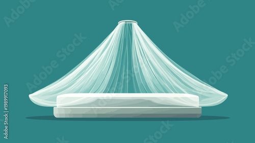 A stylized illustration features a platform topped with a draped, sheer canopy in light shades, on a turquoise background