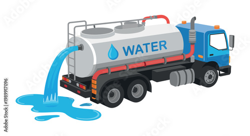 Water truck pouring liquid with blue cab and white tanker on white background