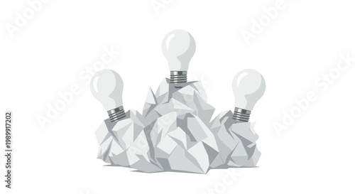 Three pristine white incandescent light bulbs rest atop a textured pile of messy crumpled paper scraps under bright even studio lighting conditions today.