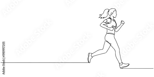 Minimal continuous line drawing of a woman jogging in motion.