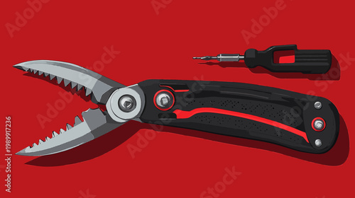 A stylized illustration of a multi-tool and a screwdriver set against a vibrant red backdrop