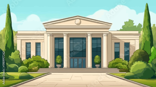 Cartoon illustration of a grand building with pillars and greenery. Clear sky and symmetrical design
