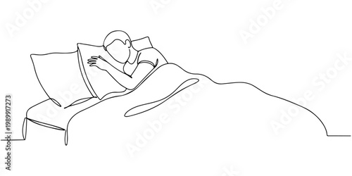 Minimal line drawing of a person sleeping in bed hugging a pillow.
