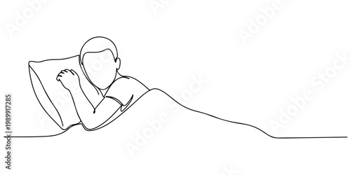 Minimalist continuous line drawing of a person sleeping peacefully in bed.