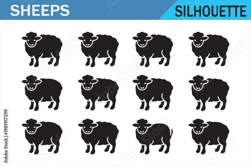 Sheep animal silhouettes set with simple isolated black shapes