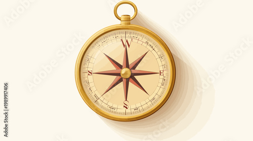 A detailed illustration of a golden compass. The needle points North. Directional tool over a beige background