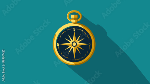 A golden compass with a stylized star on a teal background and a long shadow