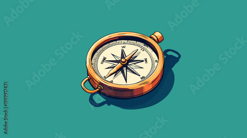 Digital illustration of a golden compass set against a turquoise backdrop. Detailed with sharp lines