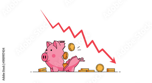 A broken pink ceramic piggy bank spills golden coins onto the ground while a sharp red jagged arrow points downward indicating a financial loss today.