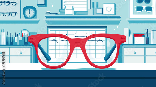 Illustration of a pair of red glasses, representing an eye doctor's office, with a calendar