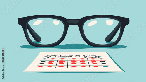 Illustration of glasses above an eye test chart, symbolizing vision and visual acuity