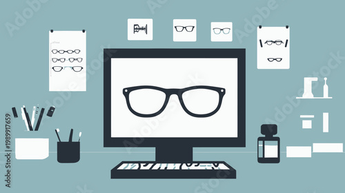 Stylized illustration of an optometry office workspace with computer screen and glasses