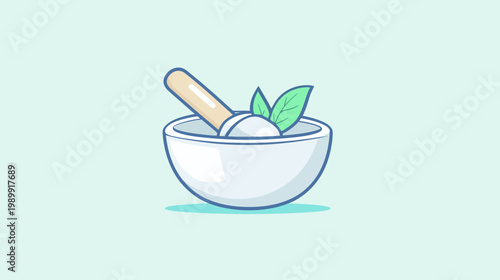 A cartoon illustration of a mortar and pestle with leaves, minimalist design on a pastel background