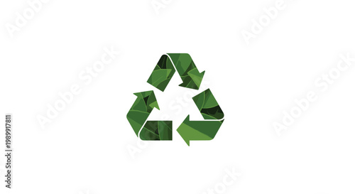 A classic recycling symbol is intricately filled with a vibrant texture of lush green leaves displaying natural veins and organic patterns against a white backdrop.