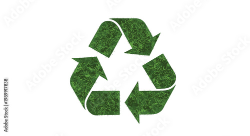 A prominent recycling symbol is meticulously crafted with a dense green grass texture featuring individual blades and a fuzzy organic surface on a white setting.