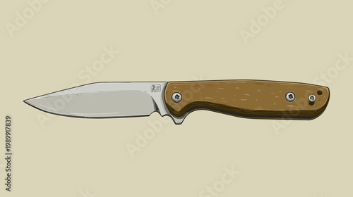 A detailed illustration of a tactical folding blade. Steel and wood, with a background