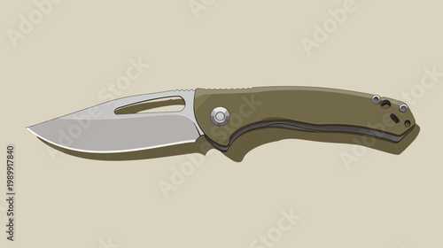 A digitally illustrated pocket knife featuring a silver blade and an olive-green handle on a beige backdrop