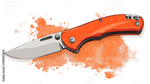 Digitally created illustration of a folding knife with orange handle and metallic blade, and a splash of color
