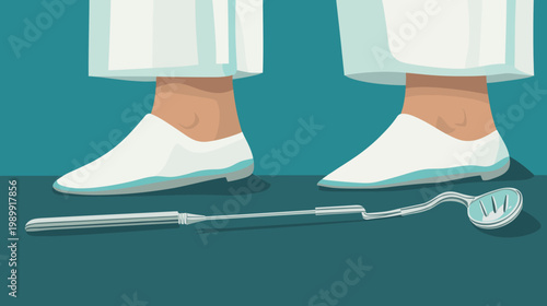 Illustration of legs in white shoes, with a surgical instrument on a teal-colored background