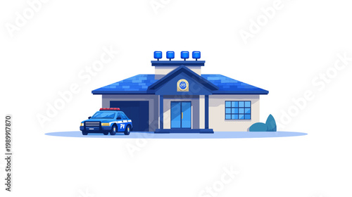 A stylized illustration depicting a police station and a patrol car. The artwork features a clean, flat design