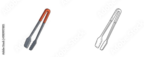Metal grill tongs with orange handle in colorful flat and black line styles featuring grey and orange colors used for flipping food and barbecue serving activities
