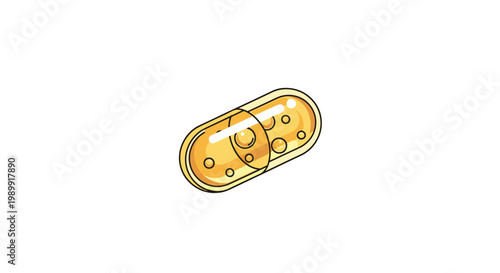 A single translucent yellow and gold medicine capsule rests centrally showing suspended air bubbles within a liquid interior against a pristine white background.