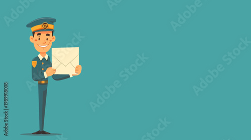 A cartoon postal worker holding an envelope against a teal background