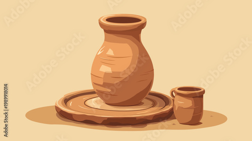 Illustration of terracotta pottery a tall vase, a small mug, and a plate, all in earthy tones