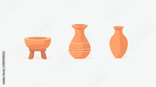 Pixelated artwork depicts three orange earthenware vessels against a white backdrop with soft shadows
