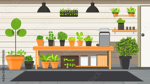A brightly lit, minimalist outdoor scene with potted plants displayed on shelves and benches