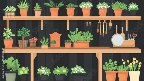 A cozy garden shed interior with many potted plants and gardening tools, digitally illustrated